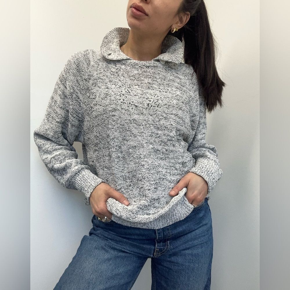 Vintage 80's Cotton Gray Marled Knit Sweater High Collar Size M